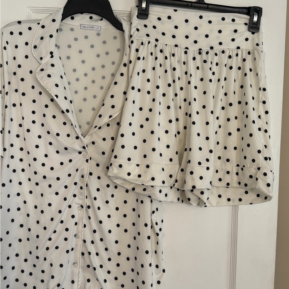 Polka Dot Satin Pajama Set - Cream with Black Dots